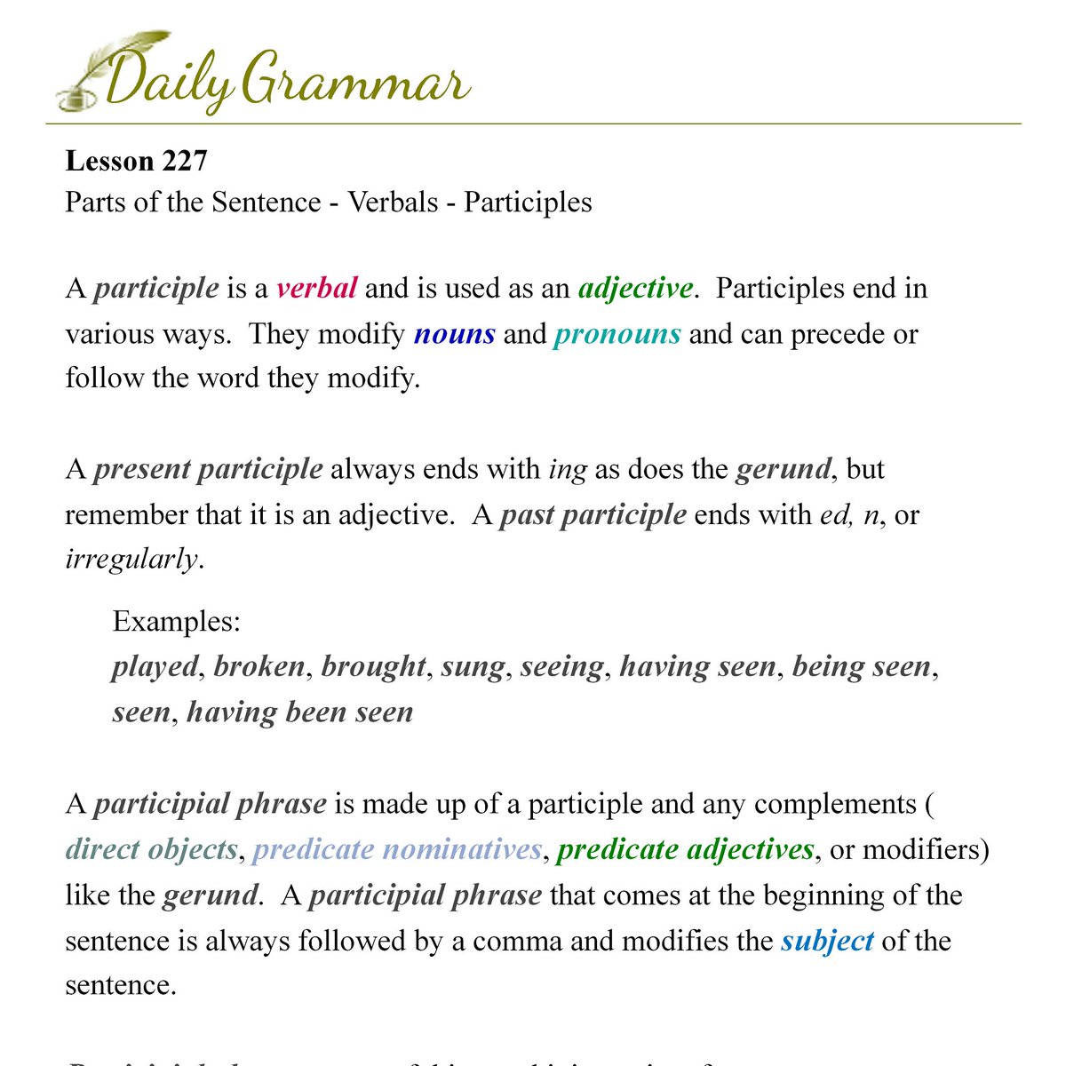 grammar_daily's tweet photo. Lesson 227 - Today's lesson will ask you to combine two sentences by using participial phrases.
https://t.co/Ohy2REaJyP https://t.co/MzxegMI4vB