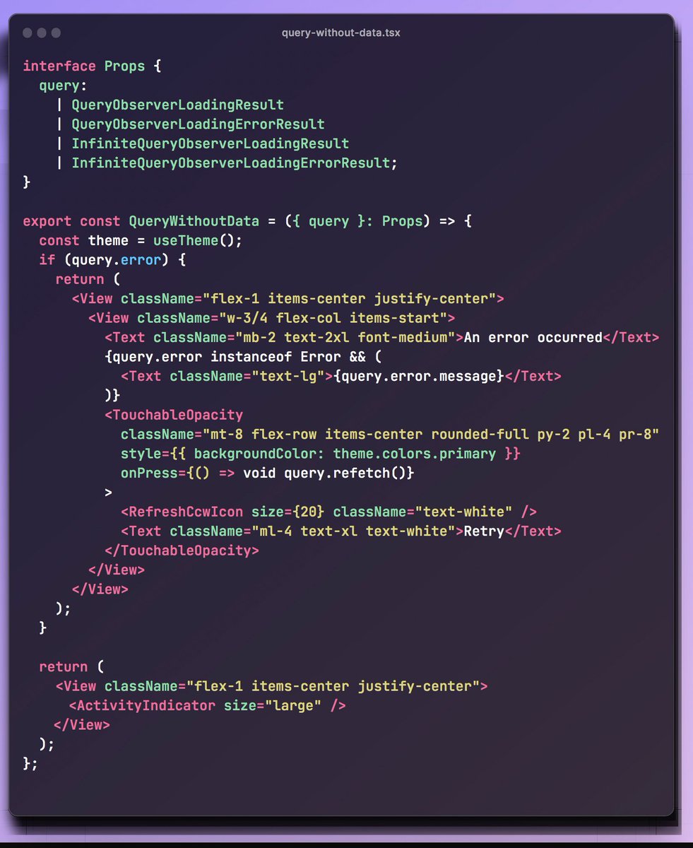 mozzius's tweet image. my favourite little component I’ve made for graysky.app - lets you structure your components that use #ReactQuery like this:
if (query.data) {
return // stuff that uses data
}
return &lt;QueryWithoutData query={query} /&gt;