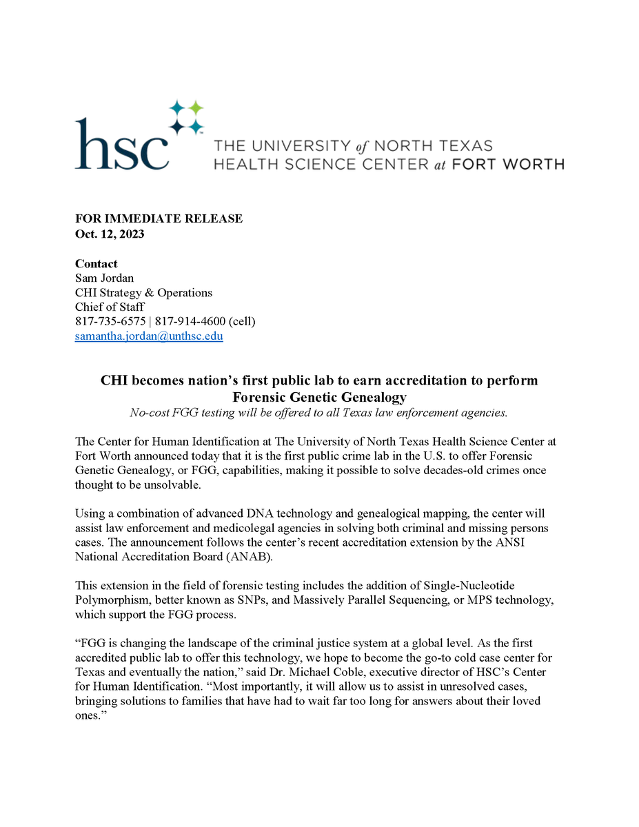 UNTHSC_CHI's tweet photo. #CHI becomes nation’s first public lab to earn accreditation to perform Forensic Genetic Genealogy.  No-cost FGG testing will be offered to all Texas law enforcement agencies. #FGG #ColdCases https://t.co/cEmPAHmyYz
