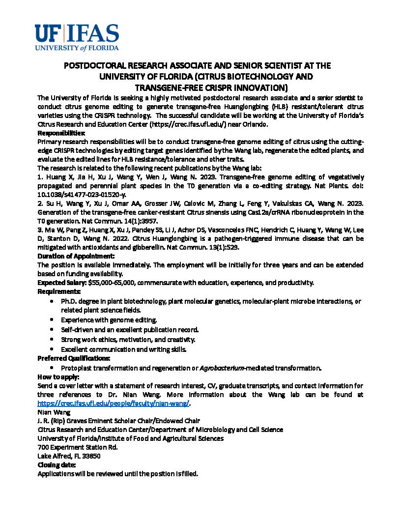 The Wang lab at UF is hiring a postdoc and a senior scientist. Related publications by the Wang lab: Huang etal.2023. Nat Plants. doi: 10.1038/s41477-023-01520-y; Su etal. 2023. Nat Commun. 14:3957; and Ma etal. 2022 Nat Commun. 13:529. Expected Salary: $55,000-65,000. Please RT.
