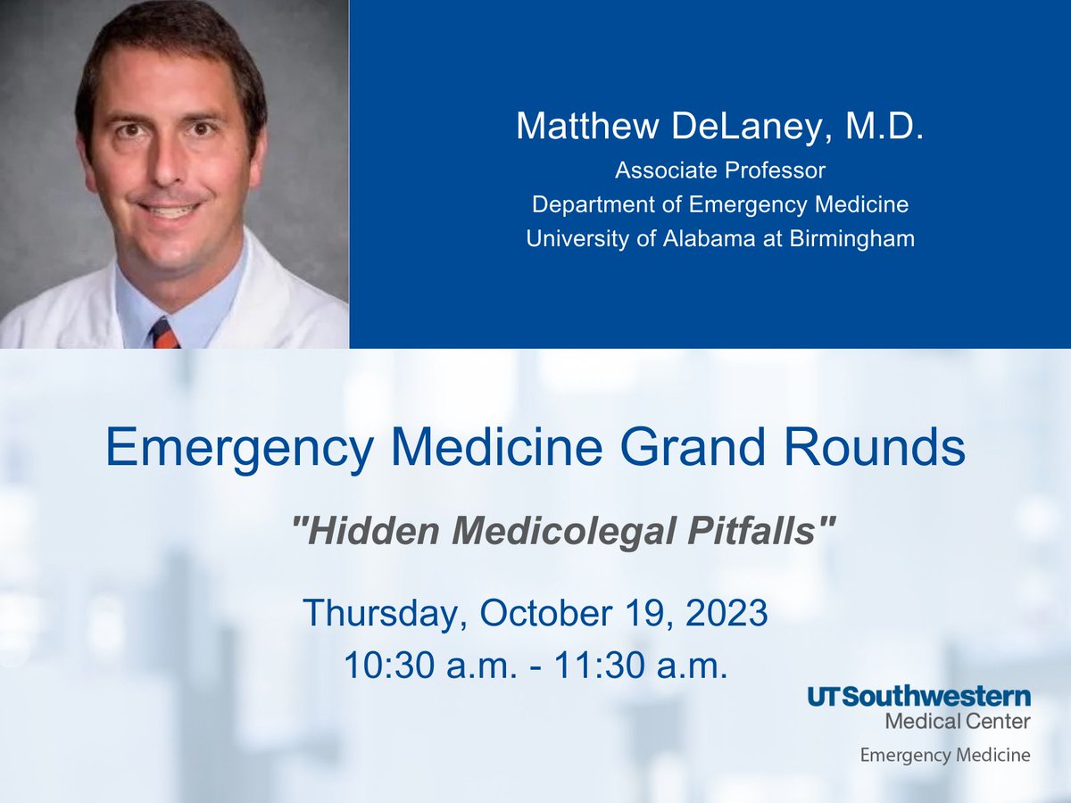 UTSW Emergency Medicine (@utsw_em) on Twitter photo Join us for this month's <a href="/UTSW_EM/">UTSW Emergency Medicine</a> Grand Rounds on Thursday, October 19th as we welcome guest speaker Dr. Matthew DeLaney <a href="/UABEmergencyMed/">UAB Emergency Medicine</a>. <a href="/MDeLaneyMD/">Matthew DeLaney</a> #emergencymedicine
Details and registration: events.utsouthwestern.edu/event/emergenc… Join us for this month's <a href="/UTSW_EM/">UTSW Emergency Medicine</a> Grand Rounds on Thursday, October 19th as we welcome guest speaker Dr. Matthew DeLaney <a href="/UABEmergencyMed/">UAB Emergency Medicine</a>. <a href="/MDeLaneyMD/">Matthew DeLaney</a> #emergencymedicine
Details and registration: events.utsouthwestern.edu/event/emergenc…