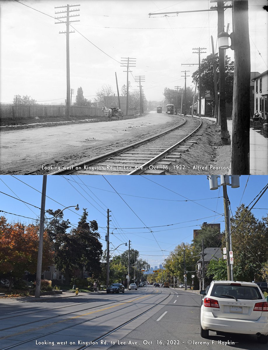 Looking west on Kingston Rd. to Lee Ave., Toronto, in photos taken 100 years apart #OnThisDay  

Oct 16, 1922 📸: Alfred Pearson
Oct 16, 2022 📸: Jeremy Hopkin 

#takethettc #thenandnow #nowandthen #kingstonroad #1920s #streetcar #Transit #Toronto #Canada