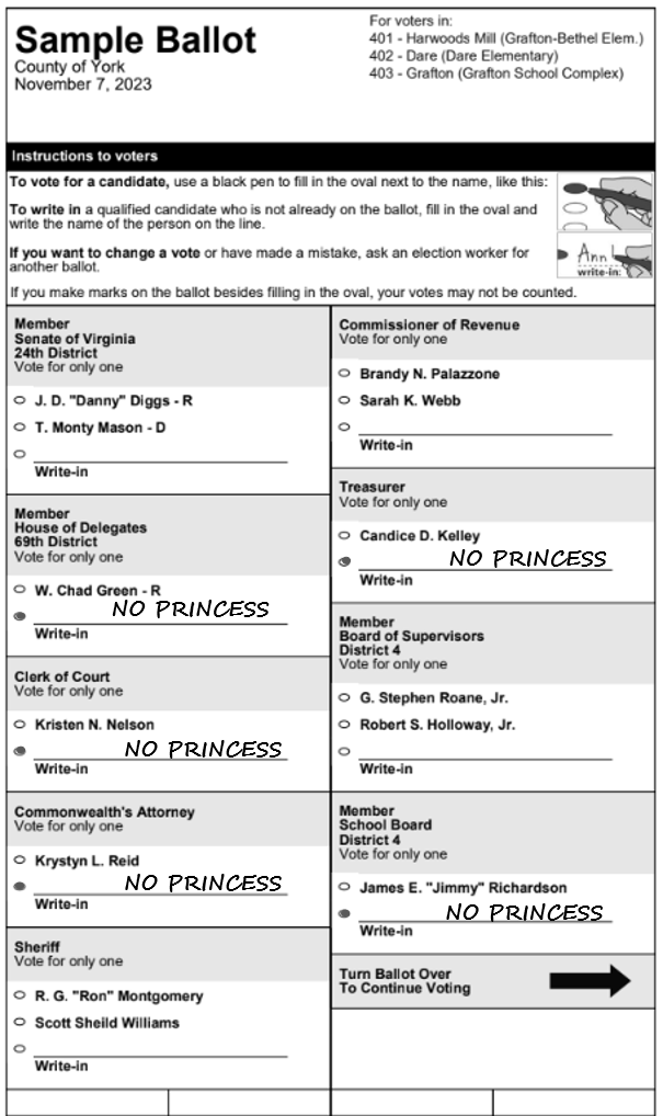 hodman42's tweet photo. @ActivateVA Were asking people to help our cause in 
 Yorktown VA and write in NO PRINCESS for uncontested races. THX #NoPrincess https://t.co/t23ku3af2S