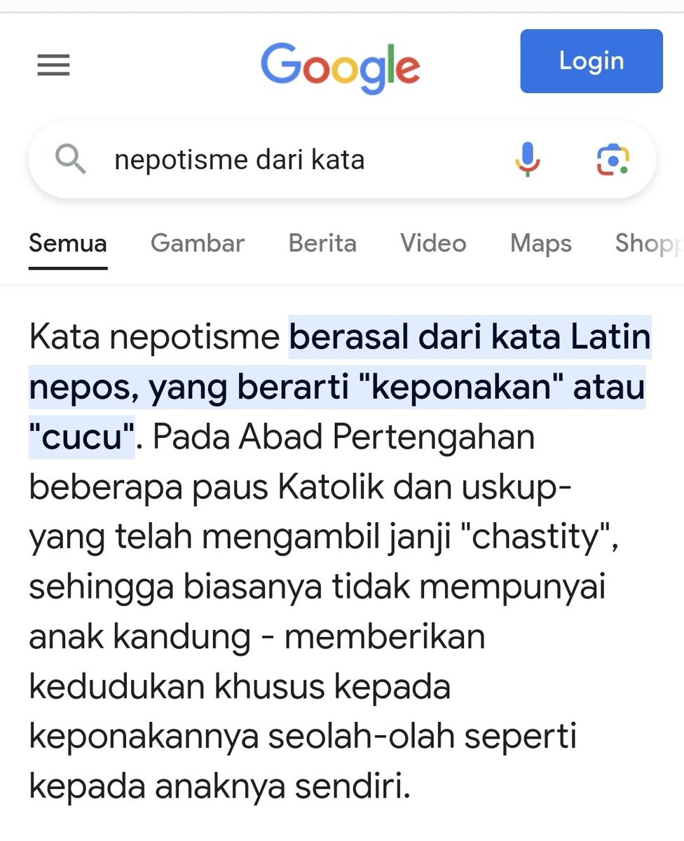 Cuma pingin tahu asal kata dari Nepotisme. Terus Googling, ternyata berasal dari kata Nepos, Nephew alias Keponakan laki laki.

Kalau dulu era 98 itu para mahasiswa menyerukan berantas KKN (Korupsi, Kolusi dan Nepotisme)

Lha sekarang, emang boleh se Literally itu?