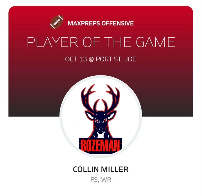DBS_Football's tweet photo. Who’s a #baller??… @collin_miller7 is a #baller 💯 
@FloridaMaxPreps Overall &amp; Offensive #bozemanbucksfootball Player of the Game #congrats #footballseason2023 #week8 https://t.co/Q7MoWOlyYZ