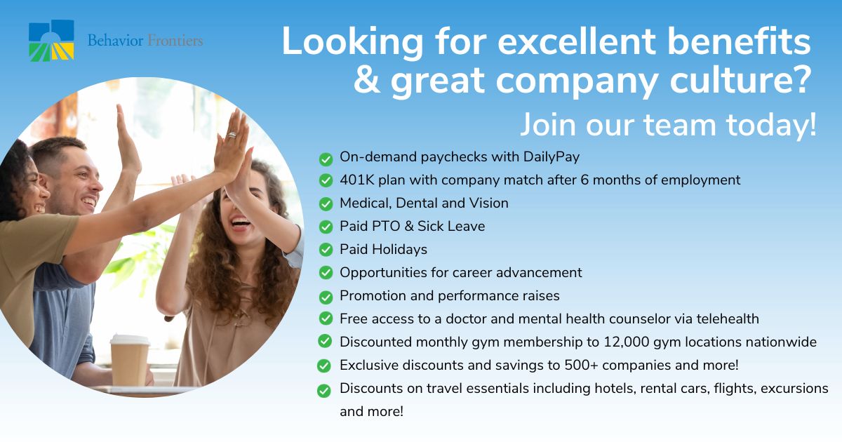Seeking a company with amazing benefits and appreciates their employees? Look no further! We are committed to our employees which is why we offer an extensive benefits package. Apply online today! loom.ly/Fq2Hbbo
#hiring #amazingbenefits #behaviorfrontiers
