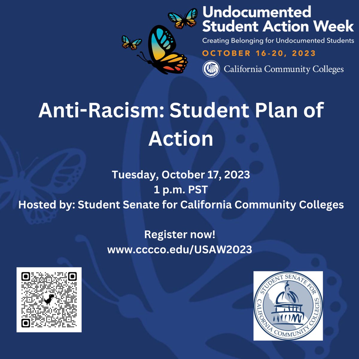 CalCommColleges's tweet photo. The 7th Annual @CalCommunityColleges' Undocumented Student Action Week (USAW) continues with daily webinars! Attend "Anti-racism: A Student Plan of Action” webinar on 10/17 from 1-2 p.m. PT.
Register: https://t.co/pFrXHcPG5V
#USAW2023 #CCCforUndocu https://t.co/jLplJqKbW7