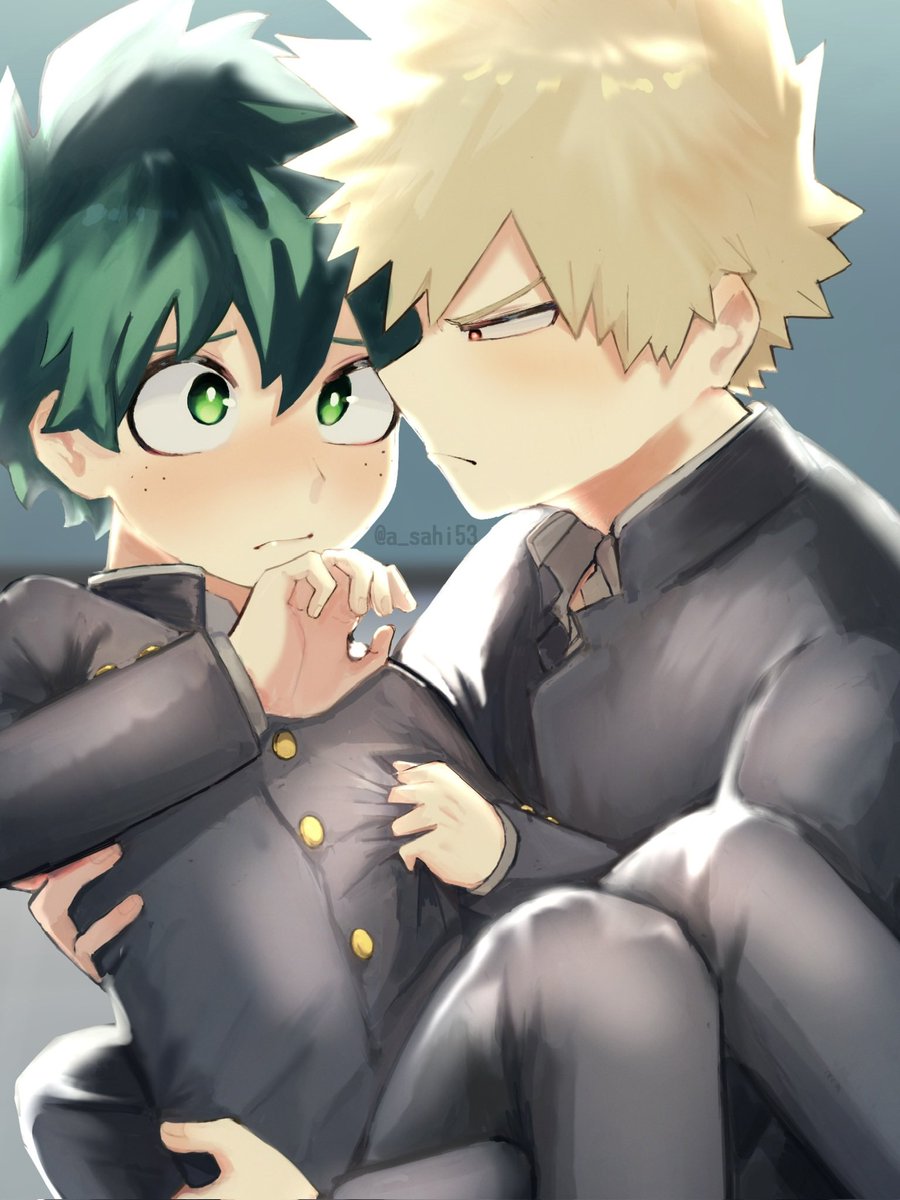 bakugou katsuki ,midoriya izuku freckles multiple boys male focus 2boys blonde hair green hair school uniform  illustration images