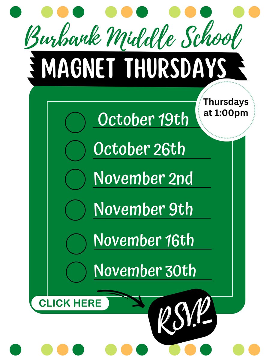 We kick off Magnet Thursdays on October 19th! Parents of 5th grade students are invited for a campus tour &amp; learn all about what Burbank has to offer. We are a Vanguard Magnet campus &amp; offer Dual Language. Let us know you’re coming by completing this form! forms.gle/Xan9mH2JbqNYjs…