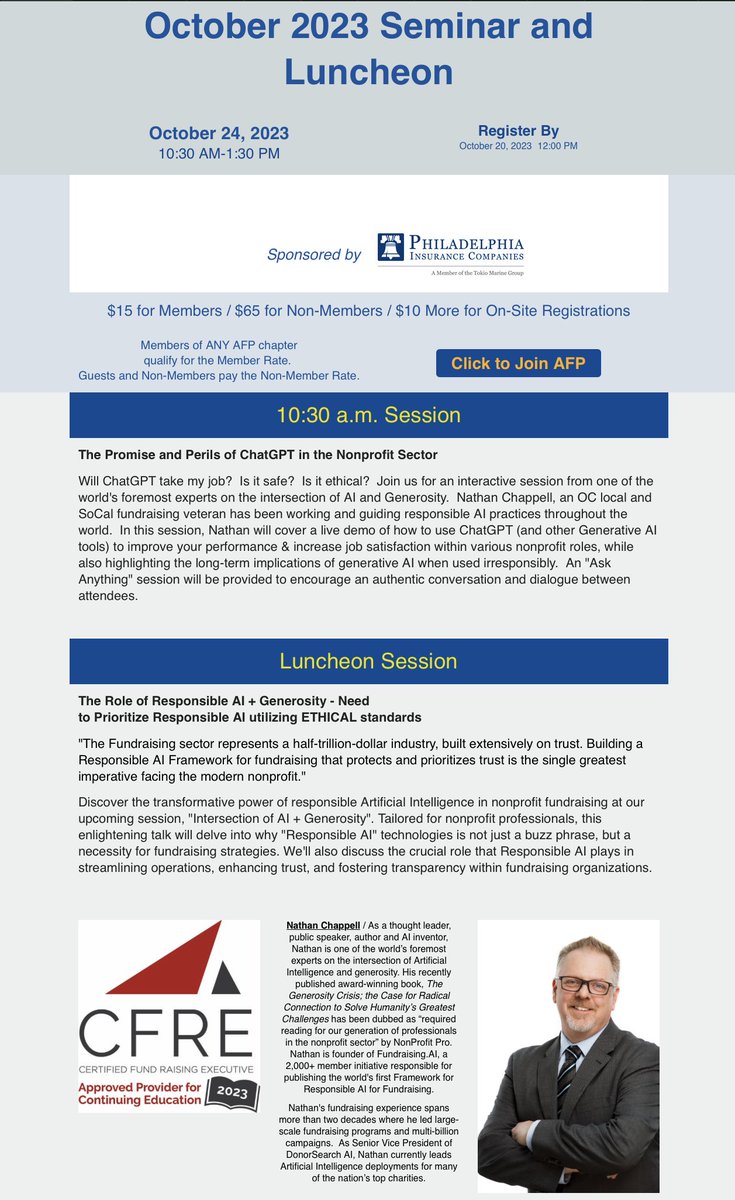 AFPOrangeCounty's tweet image. Don't Miss This Month's AFP Educational Luncheon!
October 24, 2023
10:30 AM-1:30 PM
Register By
October 20, 2023 12:00 PM
LOCATION
Ebell Club of Santa Ana
718 Mortimer
Santa Ana, CA 92701

To register or for more information: bit.ly/AFPOC_Oct_2023…