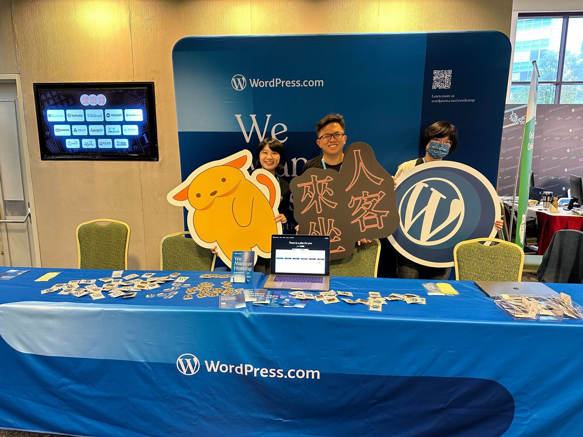 wordpressdotcom's tweet photo. WordCamp Taiwan was a blast! What was your favorite part of #WordCampTaiwan2023? Ours was meeting and chatting with so many people at our booth! #WCTW https://t.co/S3ODLottkx