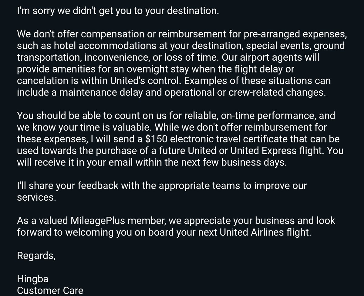 flyassnam's tweet photo. @united Was this suppose to be the resolution? Because I still don't see any accountability on United &amp; more of a big 🖕 to me as the consumer. Nor was I offered an alternative to get where I needed to go within reasonable time. The 9-hour delay was not my fault, and United says oh well https://t.co/cjsVDAKoOl