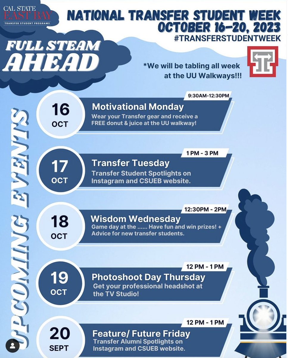 Happy #TransferStudentWeek! Transfer Student Programs is hosting events all week to celebrate our transfer students and their educational journeys👏

#csueb #transferstudents