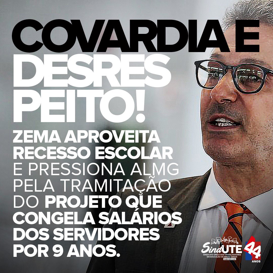 sinduteoficial's tweet photo. 🚨Zema APROVEITA feriado para tentar acelerar a  tramitação do PL que dispõe sobre a adesão  do Estado de Minas ao Regime de Recuperação Fiscal (RRF). 

Com a adesão, Zema pretende congelar os salários dos servidores públicos pelos próximos 9 anos. https://t.co/PraDzARmDu