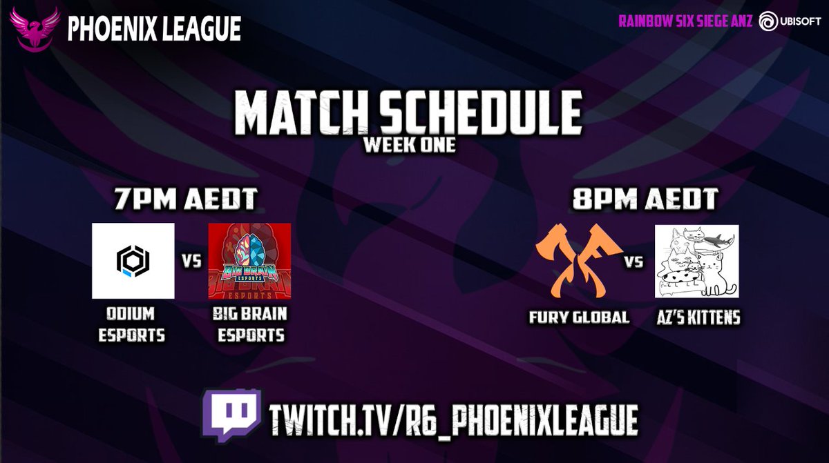 📢Week 1 has officially started!
Join us tonight for our first official casting to Phoenix League.

Match One:
<a href="/ODIUMOCE/">Odium ESC</a>⚔️<a href="/BigBrainMedia/">Big Brain Media</a>
Match Two:
<a href="/FURY_Global/">FURY</a>⚔️@YandereLFO

⏰7PM AEDT
🔴twitch.tv/r6_phoenixleag…
🎙️ <a href="/Alscar_/">Alscar 🦦</a>  &amp; <a href="/AQB_Meg101/">Meg101</a> 

#PhoenixLeague