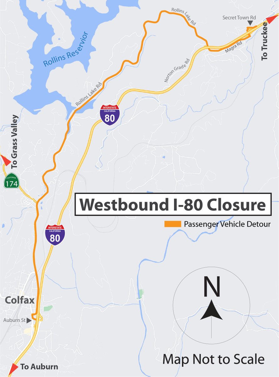 CaltransDist3's tweet photo. #TrafficAlert Reminder WB I-80 near Colfax in @PlacerCA  will be closed 8 pm to 6 am starting tonight thru Thurs 10/19 as crews repave the "Colfax Narrows." The highway will fully reopen Friday AM. See pictures for detours available. @CHPAuburn @CHPGoldRun @CHPgv @NevadaCountyCA https://t.co/k14M5KlPmk