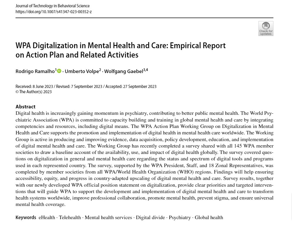 Rodrigo Ramalho, MD, PhD (@_rodrigoramalho) on Twitter photo The <a href="/WPA_Psychiatry/">World Psychiatric Association (WPA) wpanet.org</a> Working Group on Digitalisation in Mental Health and Care just published its activity report: rdcu.be/dowEY.
(we’ve been busy!). If you want more information about our WG, please check our website: wpanet.org/wg-digitalisat… The <a href="/WPA_Psychiatry/">World Psychiatric Association (WPA) wpanet.org</a> Working Group on Digitalisation in Mental Health and Care just published its activity report: rdcu.be/dowEY.
(we’ve been busy!). If you want more information about our WG, please check our website: wpanet.org/wg-digitalisat…