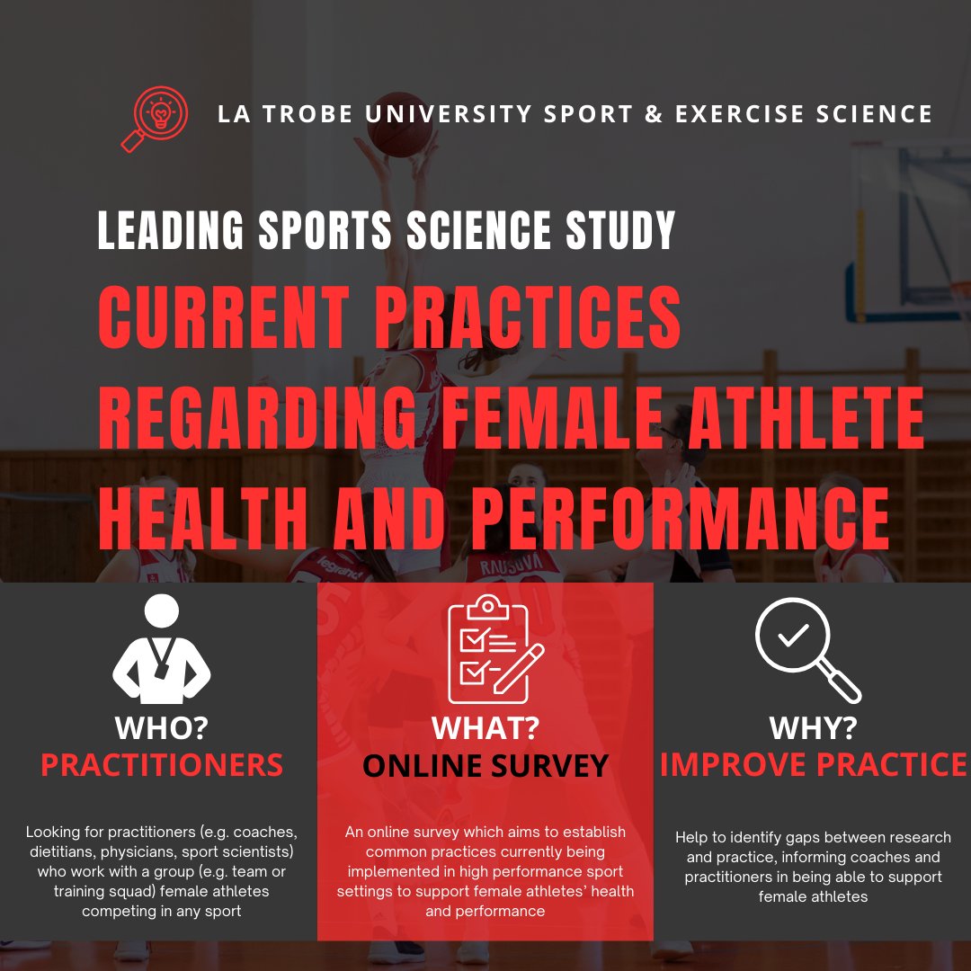 SEEKING SURVEY RESPONSES 📋 latrobe.questionpro.com/t/AV8vfZvhYH Take our survey and share around with coaches and practitioners to help us understand what practices are in place to support female athletes' health and performance 🏃‍♀️🏋️‍♀️🏅 Thanks to @KatePerry90 for the amazing graphic