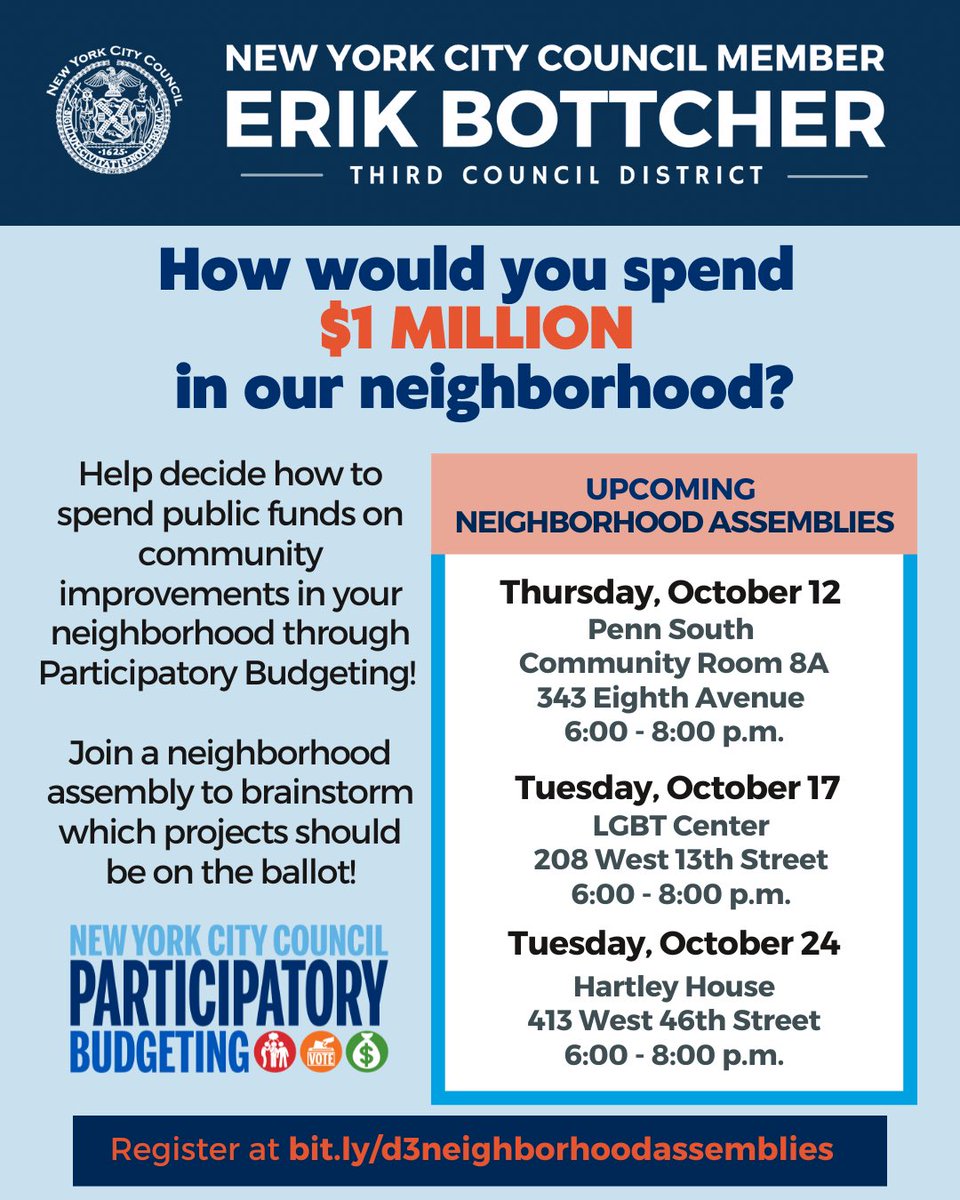 Tell us how to Spend $1 Million in Council District 3! Submit your ideas for capital improvements to Parks, Libraries, Schools, and other public spaces today. The online Participatory Budgeting Idea Collection link is now live at: ideas.pbnyc.org/pbnyc-ideas-20…
