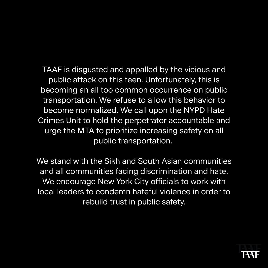 taaforg's tweet photo. TAAF statement following attack of Sikh teen on MTA bus https://t.co/raS69K68Fn