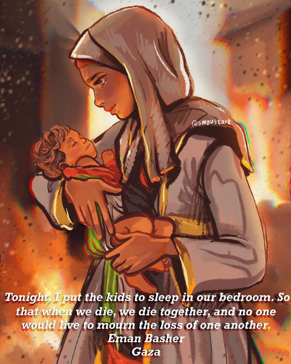 smoustart's tweet photo. “Tonight, I put the kids to sleep in our bedroom. So that when we die, we die together and no one would live to mourn the loss of one another.” 

Perhaps the most meaningful piece I’ve painted. 
We cannot allow them to be slaughtered in the dark.#palestine #gaza #freepalestine https://t.co/EOO0omUmw4
