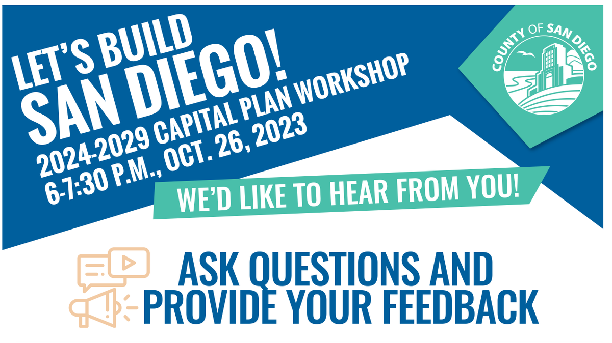 SanDiegoCounty's tweet photo. Parks, libraries, and fire stations are facilities that support our communities. We are developing a plan that helps us identify future county facilities, and we want to hear from you! Join us for a virtual workshop on Oct. 26, 6 – 7:30 pm.

Learn more at https://t.co/D0eZoXXani https://t.co/6GiBNTAxdF