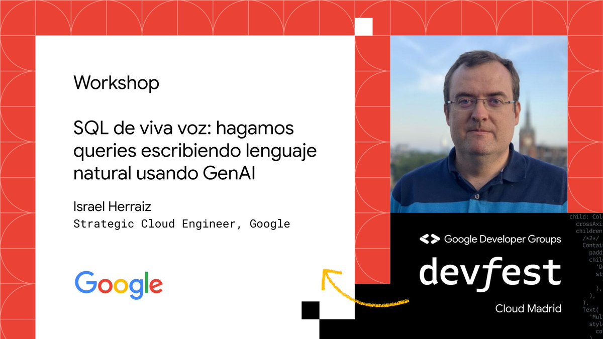 ☁️ Cloud Developer Community Madrid (@gdgcloudmadrid) on Twitter photo 📢PONENTES #DevFest2023 <a href="/DATAI_unav/">Instituto de Ciencia de los Datos e IA (DATAI)</a> <a href="/GDG_ES/">GDG Spain</a>. Israel Herraiz <a href="/herraiz/">Israel Herraiz</a>, Strategic Cloud Engineer en <a href="/GoogleES/">Google España</a>, nos enseñará en su workshop como generar queries con lenguaje natural utilizado #IA generativa en <a href="/googlecloud/">Google Cloud</a>. ¡No te lo pierdas!🚀 📢PONENTES #DevFest2023 <a href="/DATAI_unav/">Instituto de Ciencia de los Datos e IA (DATAI)</a> <a href="/GDG_ES/">GDG Spain</a>. Israel Herraiz <a href="/herraiz/">Israel Herraiz</a>, Strategic Cloud Engineer en <a href="/GoogleES/">Google España</a>, nos enseñará en su workshop como generar queries con lenguaje natural utilizado #IA generativa en <a href="/googlecloud/">Google Cloud</a>. ¡No te lo pierdas!🚀