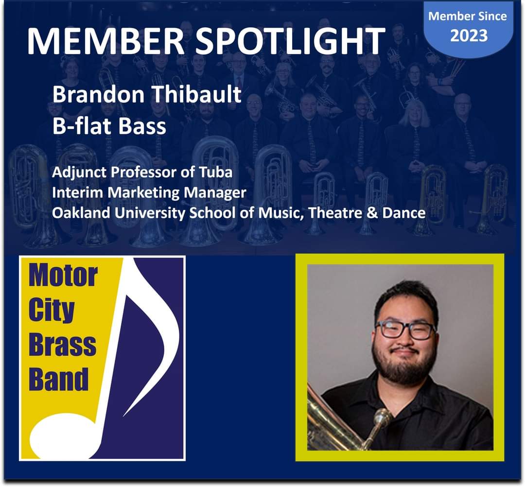MotorCityBB's tweet photo. Join us in welcoing B-flat Bassist Brandon Thibault to Motor City Brass Band. Brandon is a highly accomplished tubist and educator from Taylor, Michigan. He received a Bachelor of Music from Oakland University and Master of Music  from Bowling Gtreen State University. https://t.co/gwRkEBdKq2