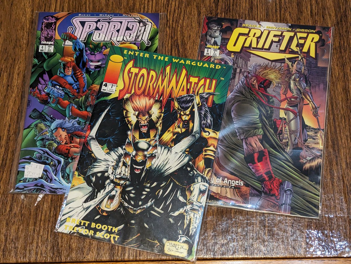 mistahjsanarchy's tweet photo. Half Priced books had their "big warehouse sale". 

It was actually disappointing. However I did find these gems.

Spartan 4 finishes the series. Grifter 8 leaves only one more to get. And Stormwatch 4 helps my new quest.

#ComicBooks
#ImageComics
#WildstormStudios
#ColeCash https://t.co/7gaGYxsLUs