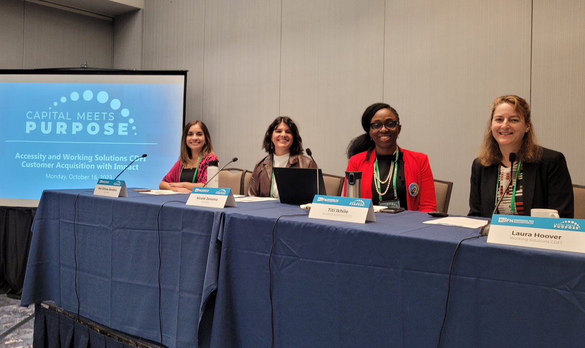 ws_microloans's tweet photo. #2023OFNConf is off to a great start! Today, Working Solutions' Titi Ikhile and Laura Hoover had the opportunity to discuss lead generation and impact with @Accessityorg. #CapitalMeetsPurpose @OppFinance https://t.co/C2tFRHPmom