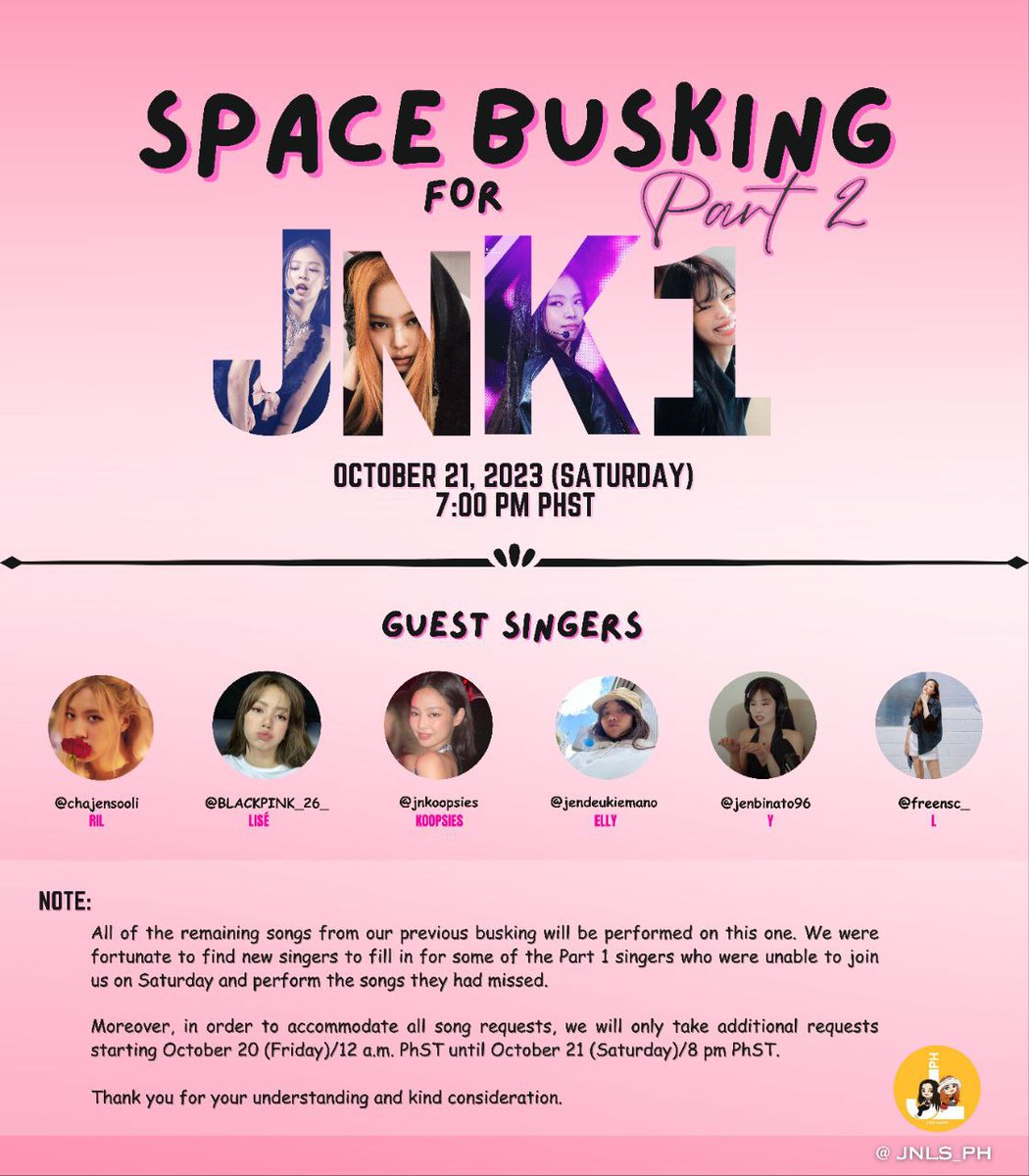 JNLS_PH's tweet photo. 🎙️JENLISA_PH BUSKING SPACE PART 2🎶
hosted by @Chaeng1899 @Z_SilentBlink
Refer to our posters below for the details, you can dm starting Friday @NiniAndLili23 @zyxmanoban for your request. DO NOT reply your proofs, pls DM ur receipt of all the mentioned accounts.
#JENNIE https://t.co/UYpIW9mzNr