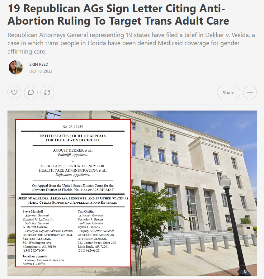 ErinInTheMorn's tweet photo. Today, 19 Republican AGs signed a letter advocating bans on trans Medicaid coverage.

They cited the Dobbs anti-abortion ruling to do so.

They said if trans adult healthcare bans are unconstitutional, abortion bans could be too.

They're right.

Subscribe to support my work.

🧵 https://t.co/SWAYevOKFL