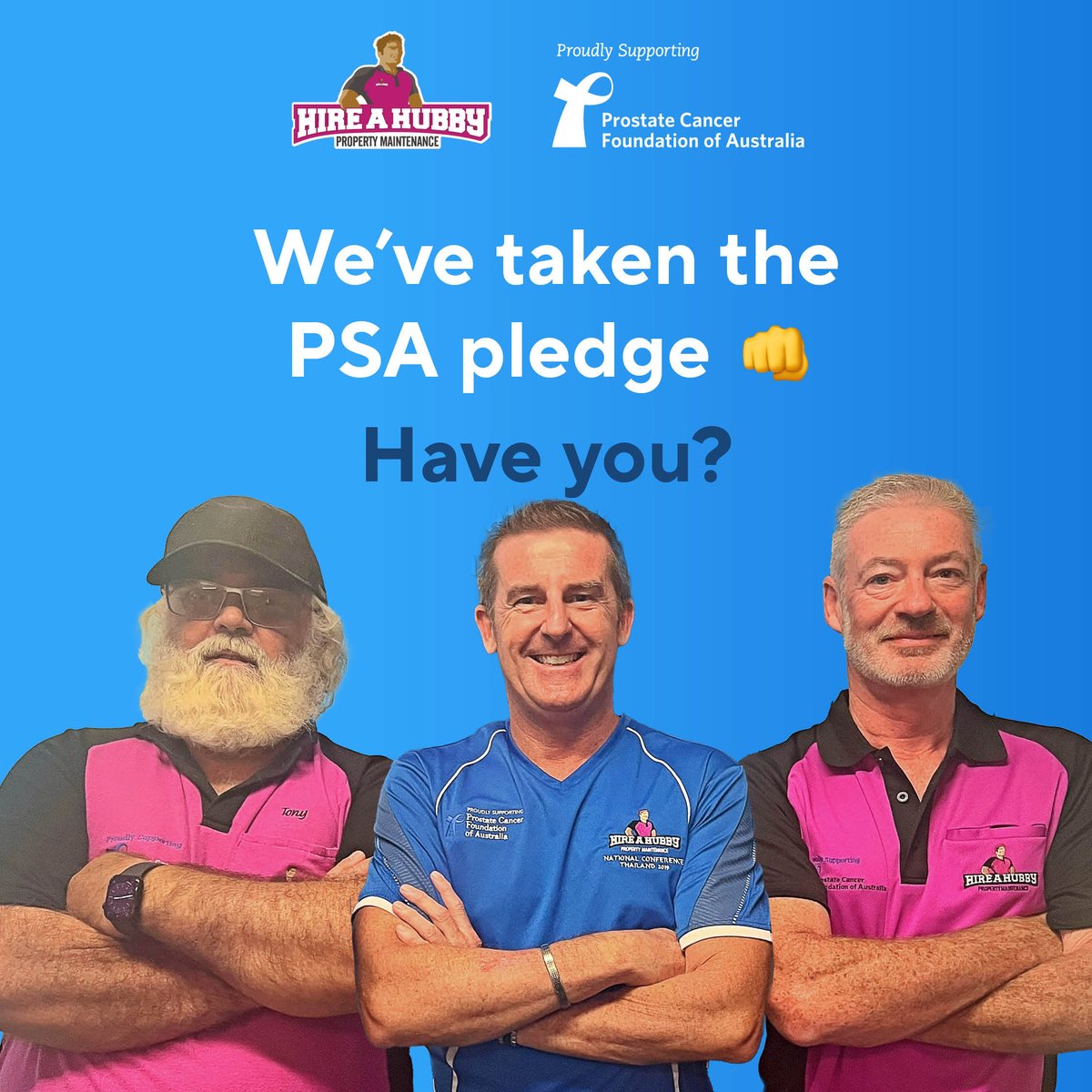 Get your free PSA Pledge Kit when you take the pledge for prostate cancer awareness! Thanks to our partners @HireAHubby for coming on board 🩷💙 pcfa.org.au/pledge