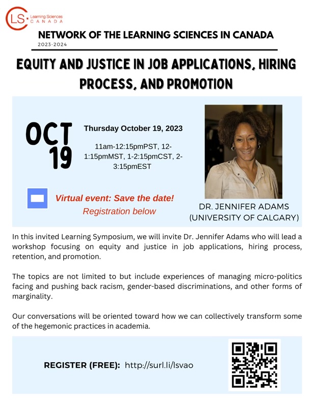 We are happy to announce our next symposium with Dr. Jennifer Adams titled: Equity and Justice in Job Applications, Hiring Process, and Promotion on October 19. 
Register here: ucalgary.zoom.us/meeting/regist…