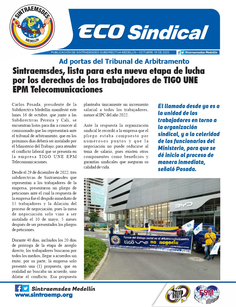 #Informativo | Eco Sindical #Visibilización del  Conflicto laboral en Tigo Une Epm Telecomunicaciones. Solución al pliego de peticiones de los trabajadores.