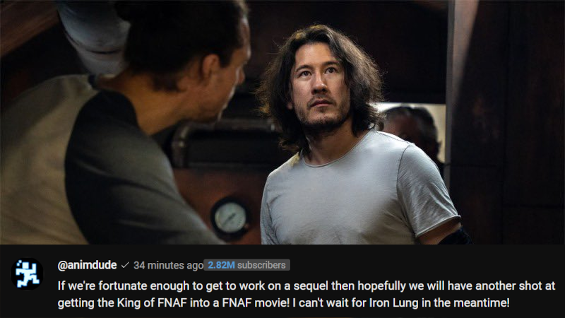 JonnyBlox's tweet photo. Scott Cawthon would like Markiplier to star in a future ‘FIVE NIGHTS AT FREDDY'S’ movie if another film happens!

This comment was made after Mark confirmed scheduling conflicts with his own upcoming film, ‘IRON LUNG’, withheld his planned appearance in the official FNaF Movie, which will be released on October 27th.

(Via: https://t.co/RXVPEgRKx0)
#fnaf #fnafmovie #fivenightsatfreddys
