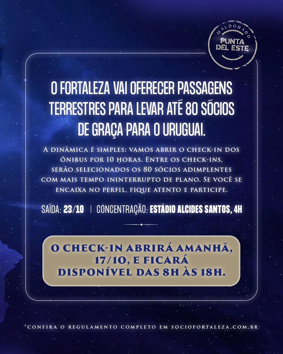 TE SIGO POR TODA A AMÉRICA! 🌎🦁

O Fortaleza vai oferecer passagens terrestres para levar 80 sócios de GRAÇA para o Uruguai! 🚎

Amanhã, vamos abrir os check-ins dos ônibus durante 10 horas (das 8h às 18h). Entre os check-ins, serão selecionados os 80 sócios adimplentes com mais