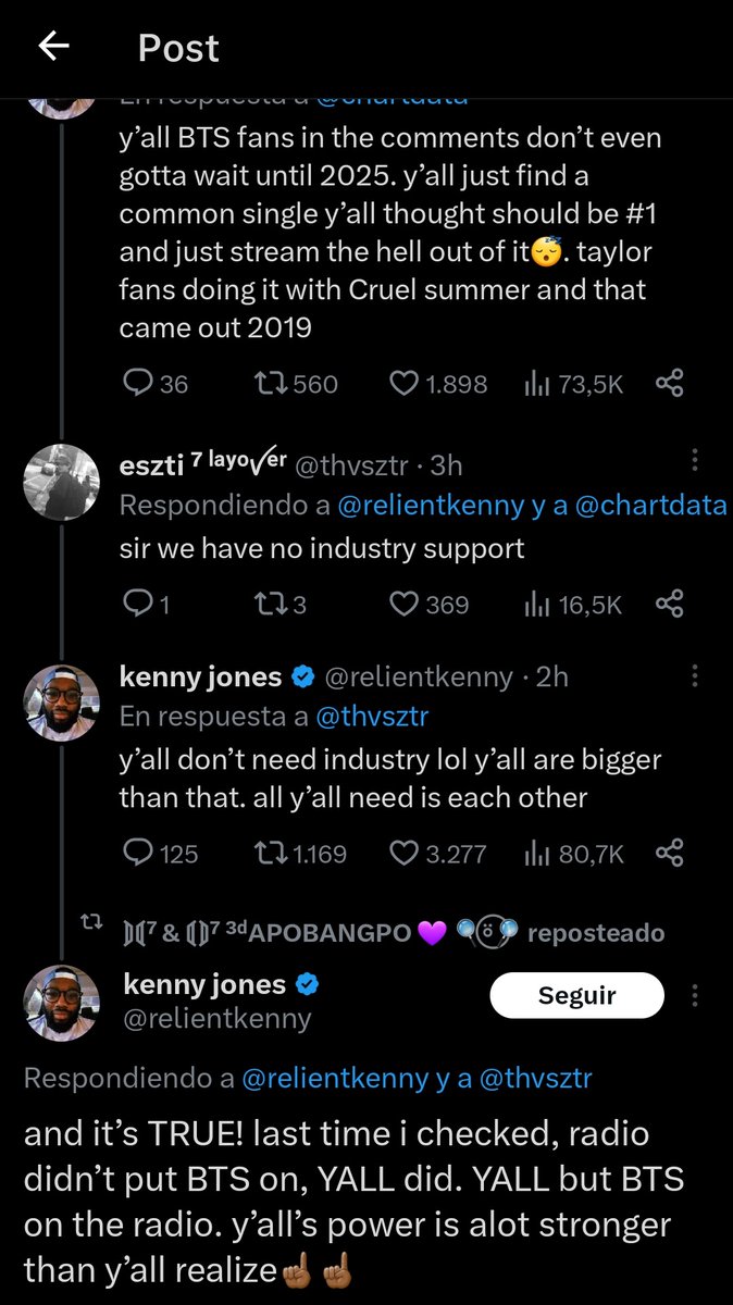 ARMYRegia's tweet photo. Comentarios de un local:

🧔🏿‍♂️- "Los fans de BTS en los comentarios, no necesitan esperar hasta 2025. Solo elijan una canción en común que crean que merece estar en el #1 y solo háganle stream como nunca antes. Los fans de Taylor lo han hecho con Cruel Summer y salió en 2019" https://t.co/zRUpaQrCzb