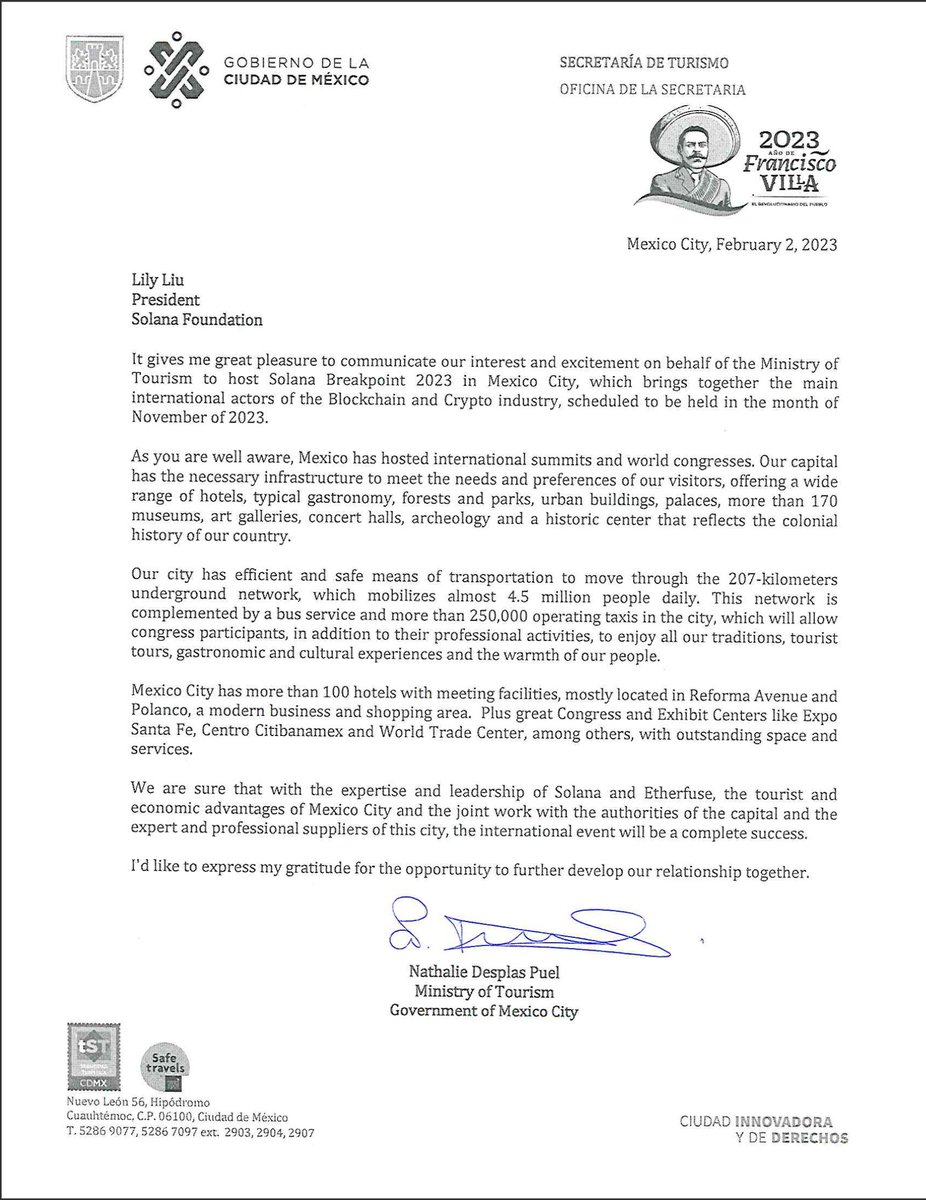 etherfuse's tweet image. Last year we managed to get a letter from the president of Mexico&apos;s cabinet inviting @solana to host #Breakpoint2023 in Mexico City. 

With Mexico proving herself with a top five position in the  #HyperdriveHackathon, we think another letter is in order for 2024. Let&apos;em know!