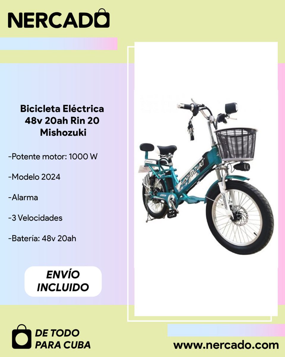 NercadoCuba's tweet photo. ¡Mantén a tus seres queridos en Cuba activos y en movimiento con la bicicleta eléctrica de alta calidad marca Mishozuki!
¡Envíalo con Nercado!
#bicicletaelectrica #envíosacuba #Nercado #movimientoencuba #actividadfísica https://t.co/ePTLhsjTvF