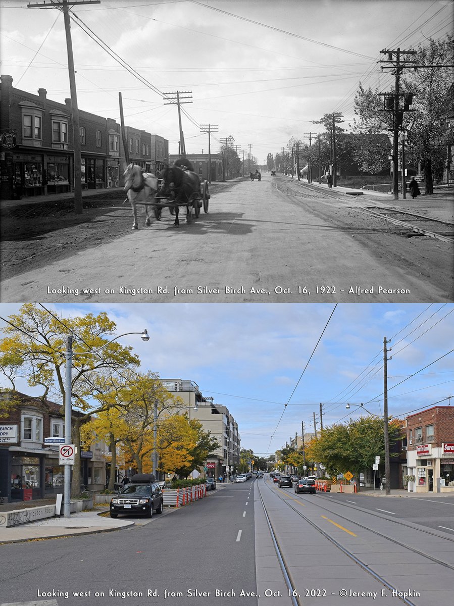Looking west on Kingston Rd. from Silver Birch Ave., Toronto, in photos taken 100 years apart #onthisday 

Oct 16, 1922 📸: Alfred Pearson / @toronto_archives
Oct 16, 2022 📸: Me

#takethettc #thenandnow #nowandthen #1920s #kingstonroad #streetcar #Transit #Toronto #Canada
