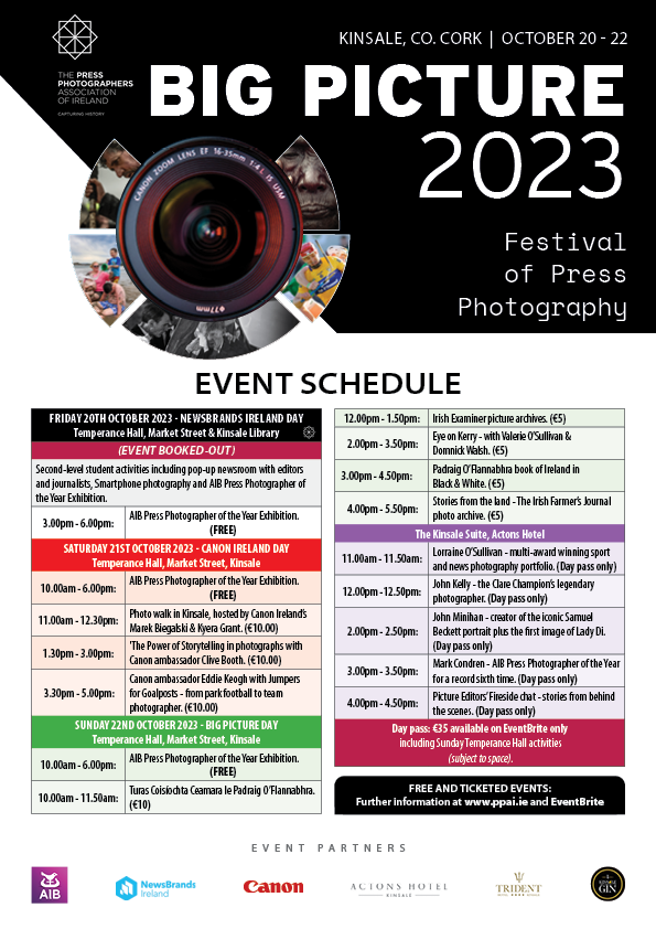 Here's the full line-up for next weekend in Kinsale for @PPAI_IRL Big Picture Festival featuring lots of interesting public events. @lensdan @CanonUKandIE @kinsale_ie @terakopian @irishexaminer @SouthernStarIRL @INPHOjames @EvanTreacy1 Tickets here: eventbrite.com/cc/big-picture…