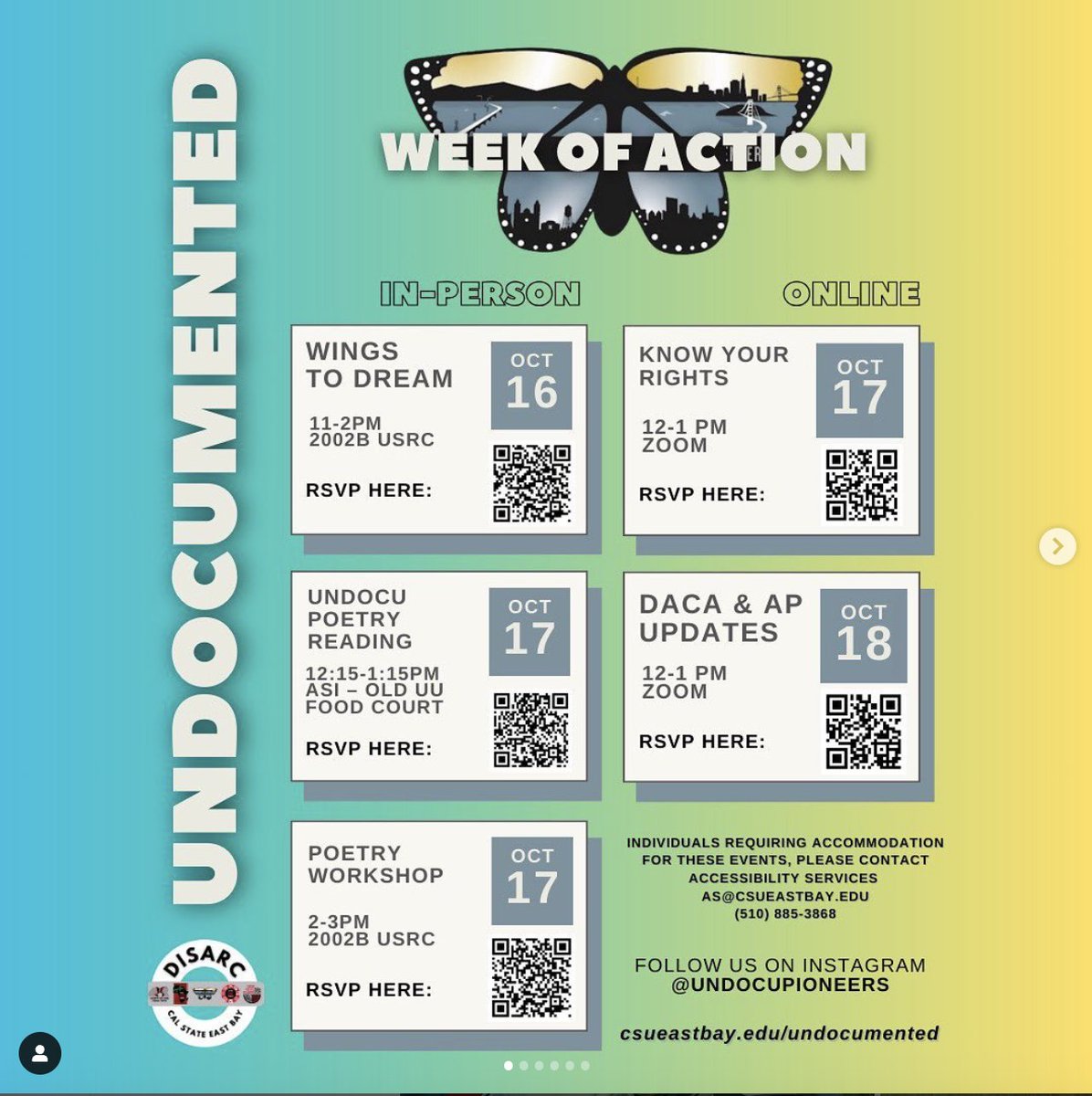 CalStateEastBay's tweet photo. Undocumented Student Week of Action is here! You can show your support and learn more at both online and in-person events.
Check out some of the beautiful butterflies at today’s art session🦋
#csueb #undocumentedstudentweekofaction https://t.co/GQcAtWMDRD