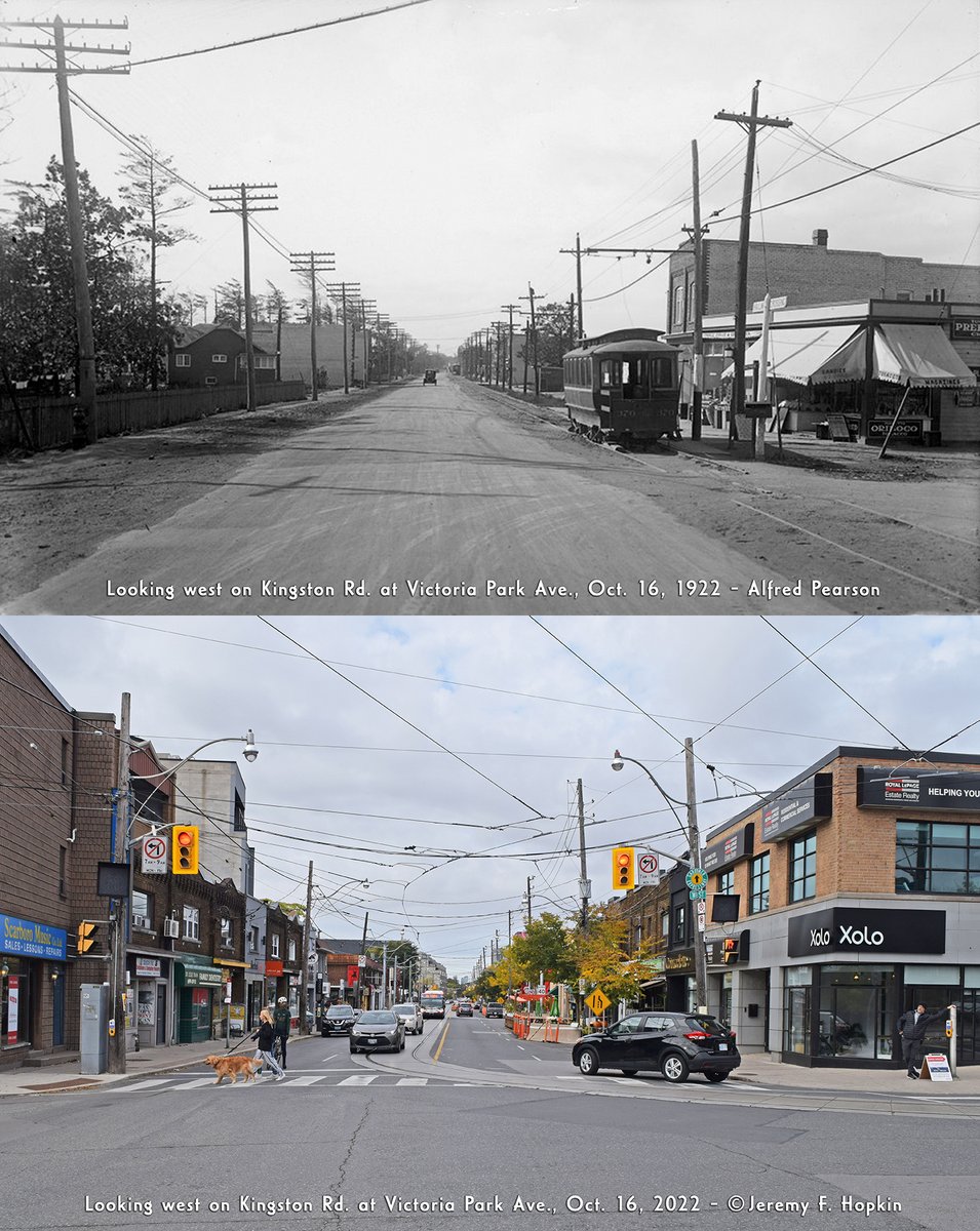 @TorontoArchives @streetcarmuseum @transittoronto Looking west on Kingston Rd. to Victoria Park Ave., Toronto, in photos taken 100 years apart #OnThisDay 

Oct 16, 1922 📸: Alfred Pearson / @TorontoArchives
Oct 16, 2022 📸: Me

#OTD #takethettc #thenandnow #nowandthen #1920s #kingstonroad #streetcar #Transit #Toronto #Canada