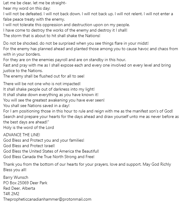 *** Urgent Prophetic Word *** Monday October 16, 2923 Respectfully submitted, Barry Wunsch The Canadian Hammer Part 1 of 2 On October 1, 2023, Holy Spirit woke me through the night and spoke to me. Here is what He said: 'Barry, tell my people that this is a new year that they