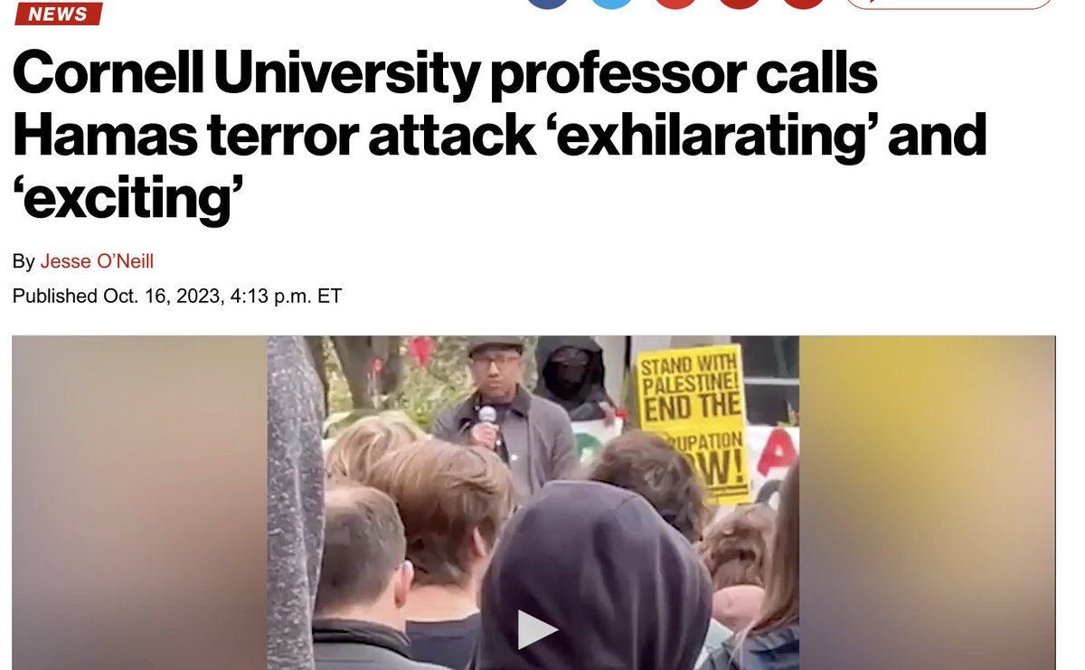 christopherrufo's tweet photo. The Cornell University professor who said the Hamas terror attacks were "exhilarating" is a long-time supporter of BLM, card-carrying member of the DSA, and expert in academic "decolonization." It's the same ideology; the same bloodlust. https://t.co/HxqJEqi6Yl