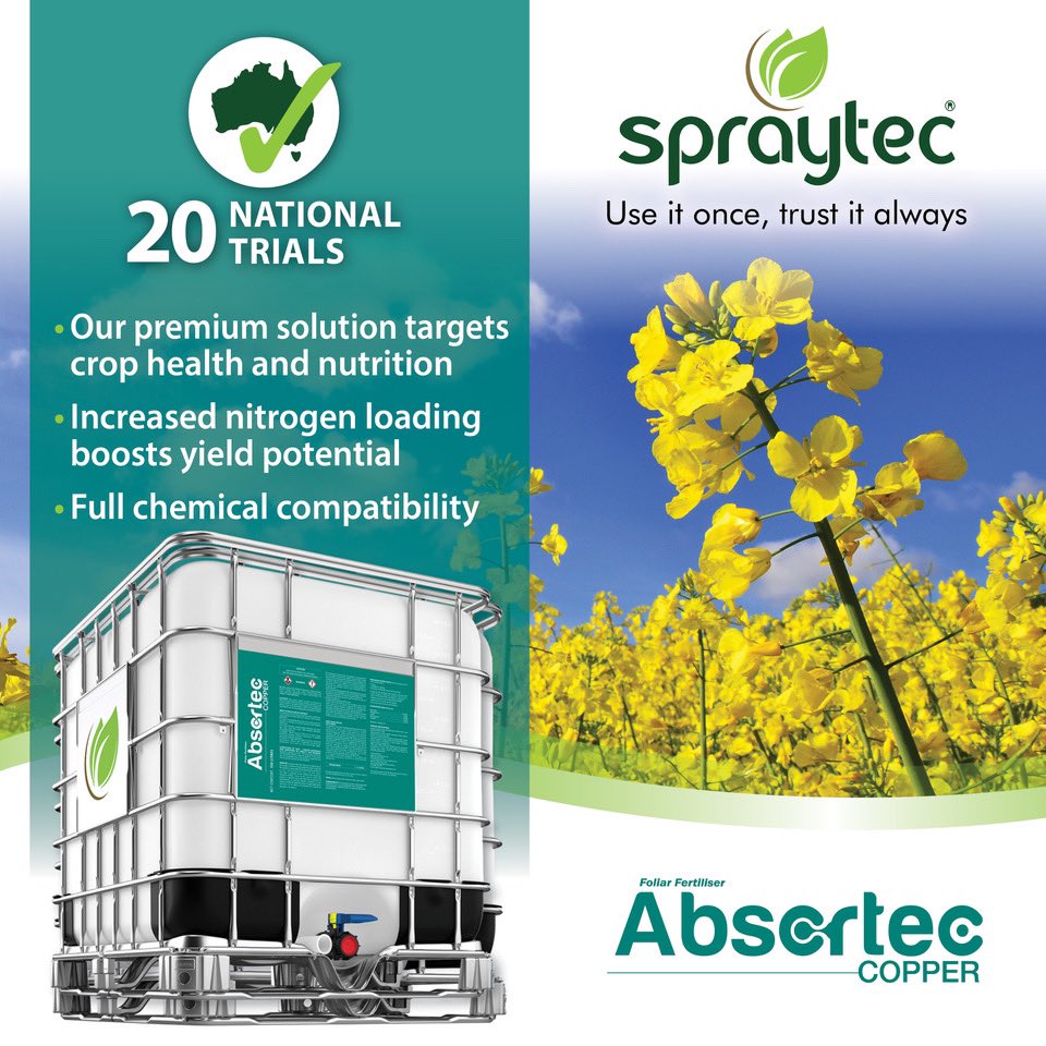 spraytec_aus's tweet photo. Introducing #ABSORTEC; a premium formulation for late foliar spray applications on broadacre or horticulture crops!
Featuring unique application technology, beneficial nutrition and exclusive phosphite chemistry, ensures that no other additives are needed.
Find out more today! https://t.co/H9fhB1F9o7