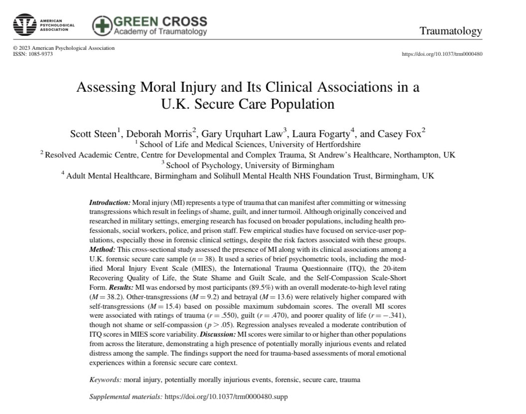 Assessing Moral Injury and It’s Clinical Associations in a U.K Secure Care Population psycnet.apa.org/doiLanding?doi…