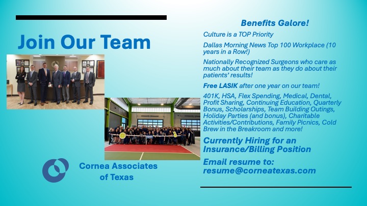 CorneaTexas's tweet photo. Looking for a change and a great opportunity? Look no more! Come join our team at Cornea Associates of Texas! Currently hiring for an Insurance/Billing Position.
Email resume to: resume@corneatexas.com https://t.co/ut8U1oLXRl