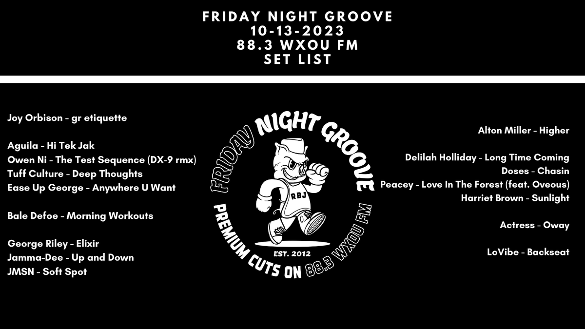 Last Friday's episode now streaming Playback Links: podlink.to/piut Featuring tracks from: @AguilaOfficial @TuffCulture @baledefoe @GeorgeRiley__ @jmsn @deedeeholliday @peacey_uk @yourveryownHB @ctress_a @djaltonmiller fridaynightgroove.com for more